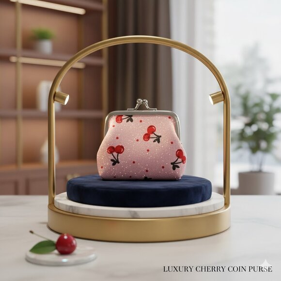 SPARKLY CARTOON CHERRY GRAPHIC KISS LOCK COIN PURSE PINK - Picture 1 of 5